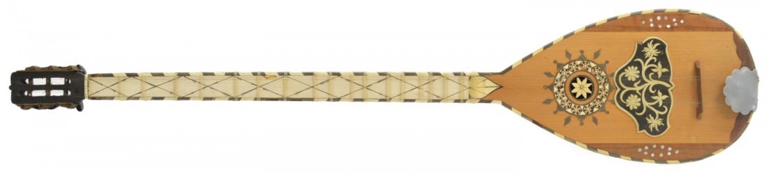 MIDDLE EASTERN INLAID MUSICAL STRING INSTRUMENT: Middle Eastern musical instrument having six strings, arabesque inlays of horn, bone and mother-of-pearl, Arabic tag to the interior, strings broken, some loss of inlay, 34.5"l, 1.75lbs *Provenance: T