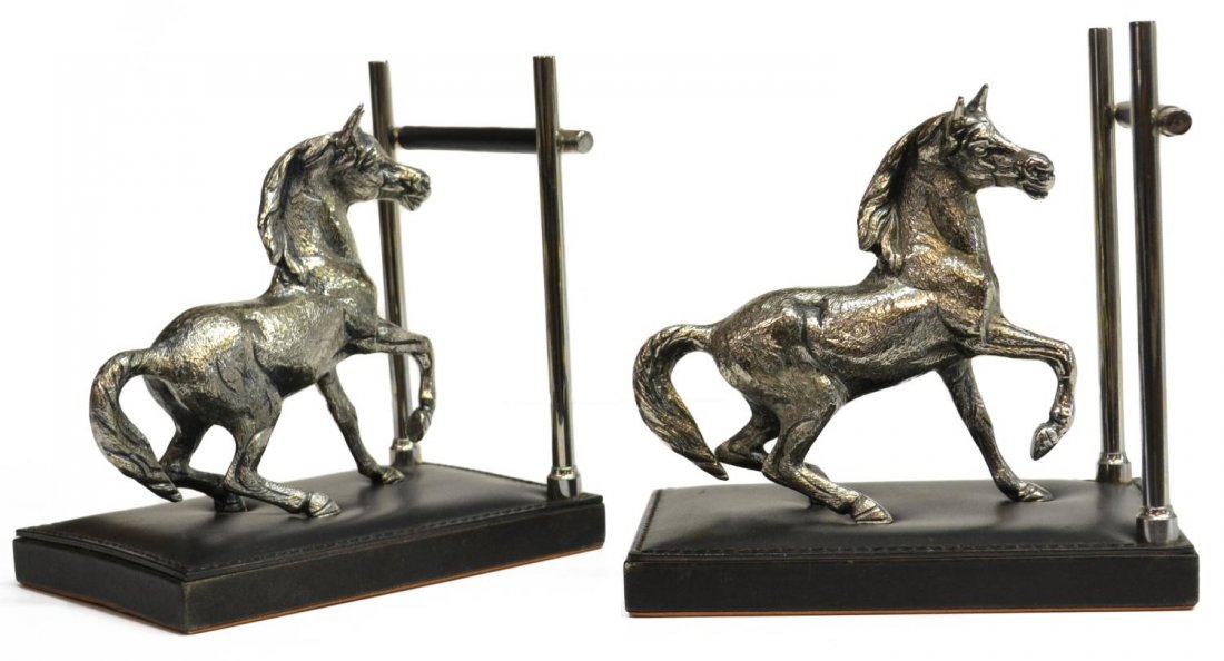 (2) ITALIAN MARK CROSS SILVERPLATE HORSE BOOKENDS: (pair) Vintage Italian silverplate figural bookends, Mark Cross, each modeled as a horse, standing on leather base, marked underfoot, approx 6.75"h, 6.5"w, 4.25"d, 3.25lbs total *Provenance: The estat