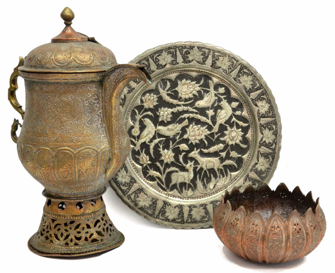 (3) MIDDLE EASTERN ARABESQUE COPPER & METALWARE: (lot of 3) Collection of Middle Eastern metalware: (1) very fine copper and brass ewer, two part lid opening to heating tube, intricate arabesque designs echo throughout the handled body, raised on a 