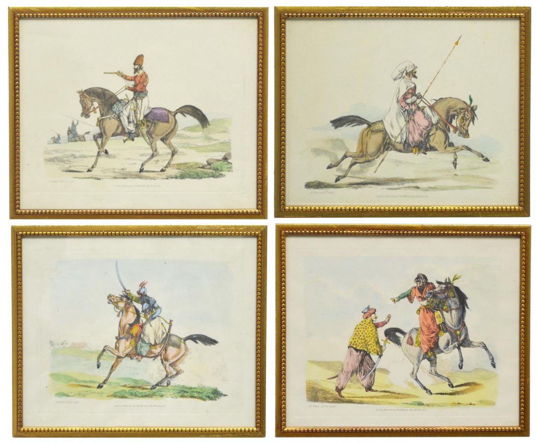 (4) GROUP OF ORIENTALIST PRINTS BY HENRY ALKEN: (lot of 4) Collection of framed colored prints depicting various outdoor scenes with warriors on horseback, after H. Alken (Henry Thomas Alken, English, 1785-1851), published by Thomas Mclean (possibl