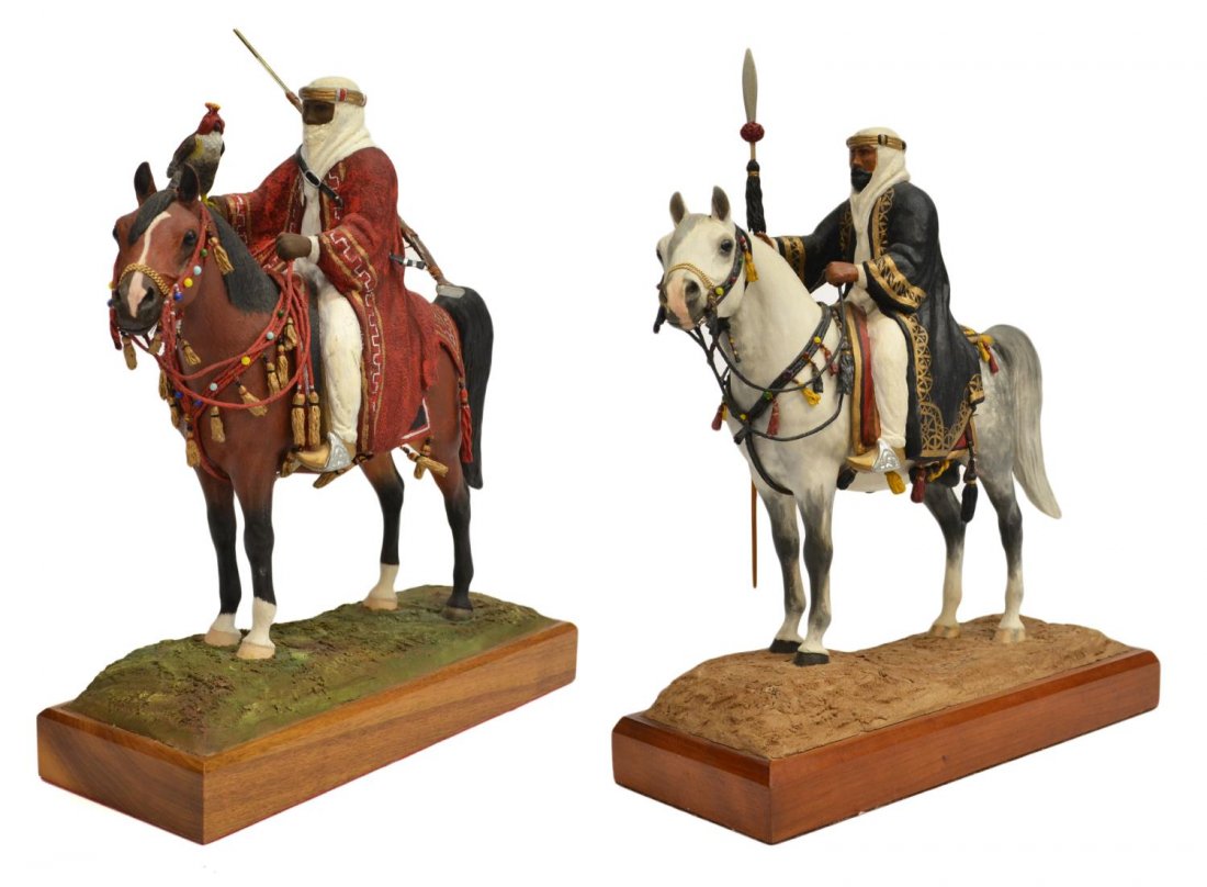 (2) F.W. EUSTIS ORIENTALIST HORSE SCULPTURES: (lot of 2) American sculptures in the Orientalist taste, both by F.W. Eustis (Francis Eustis, 1912-1996), one a limited edition, composition and mixed materials: (1) white Arabian horse in elaborate c