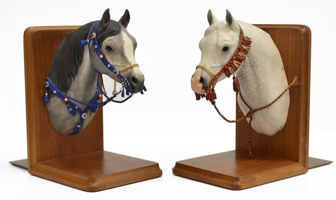(PAIR) ARABIAN HORSE HEAD BOOKENDS, F.W. EUSTIS: (pair) American sculptural equine bookends, by F.W. Eustis (Francis Eustis, 1912-1996), each the bust of an Arabian horse in ornate bridle, signed, 9"h, 5"w, 8.5"d, 3.5lbs total *Provenance: The estat