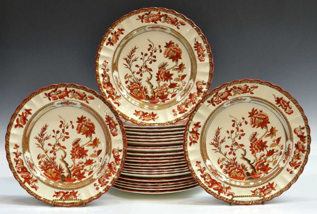 (24) COPELAND SPODE 'INDIA TREE' SERVICE PLATES: (set of 24) Copeland Spode 'India Tree' pattern porcelain service plates, decorated in red and ochre with floral motif within a geometric border, impressed marks underfoot, approx 10.25"diam, 30.75lbs