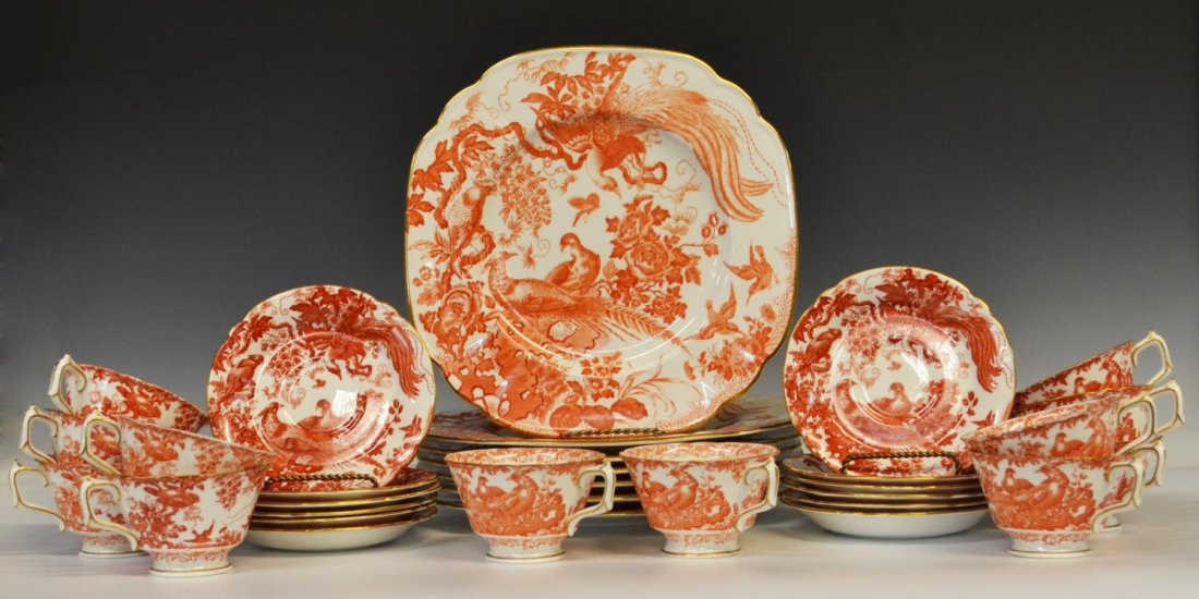 (31) ROYAL CROWN DERBY 'RED AVES' DINNER SERVICE: (set of 31) English Royal Crown Derby 'Red Aves' porcelain partial dinner service, for Neiman Marcus, red birds among foliate motif on a white ground, comprising: (7) dinner plates, approx 10"diam; (1