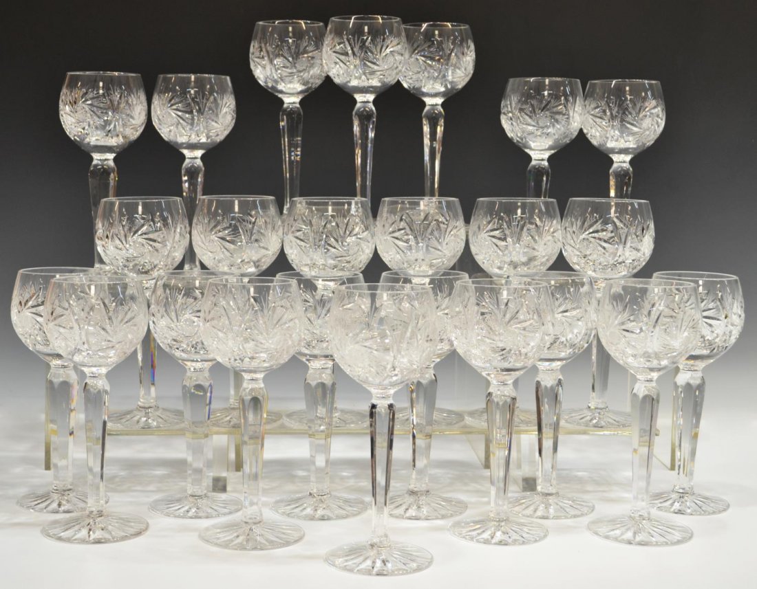 (24) CZECHOSLOVAKIAN CUT CRYSTAL STEMWARE: (lot of 24) Czechoslovakian cut crystal hock wine glasses, in 'Pinwheel' pattern having paneled stem, 7.25"h, 15lbs total *Provenance: The estate of Douglas B. Marshall (1917-2007) and his wife, Marga