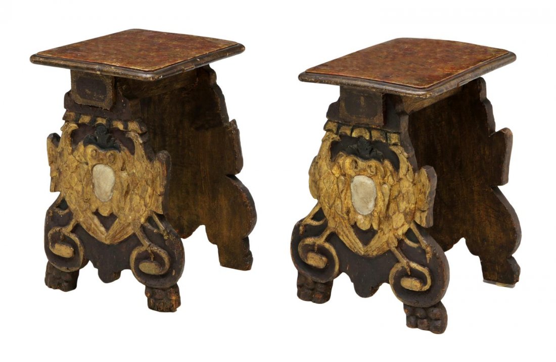 18TH C ITALIAN HERALDIC EAGLE CARVED BENCHES: (pair) Italian carved wood stools / side tables, 18th c. elements, each having small molded top in a painted faux finish, outer support of each relief carved with heraldic double eagle, interior suppo