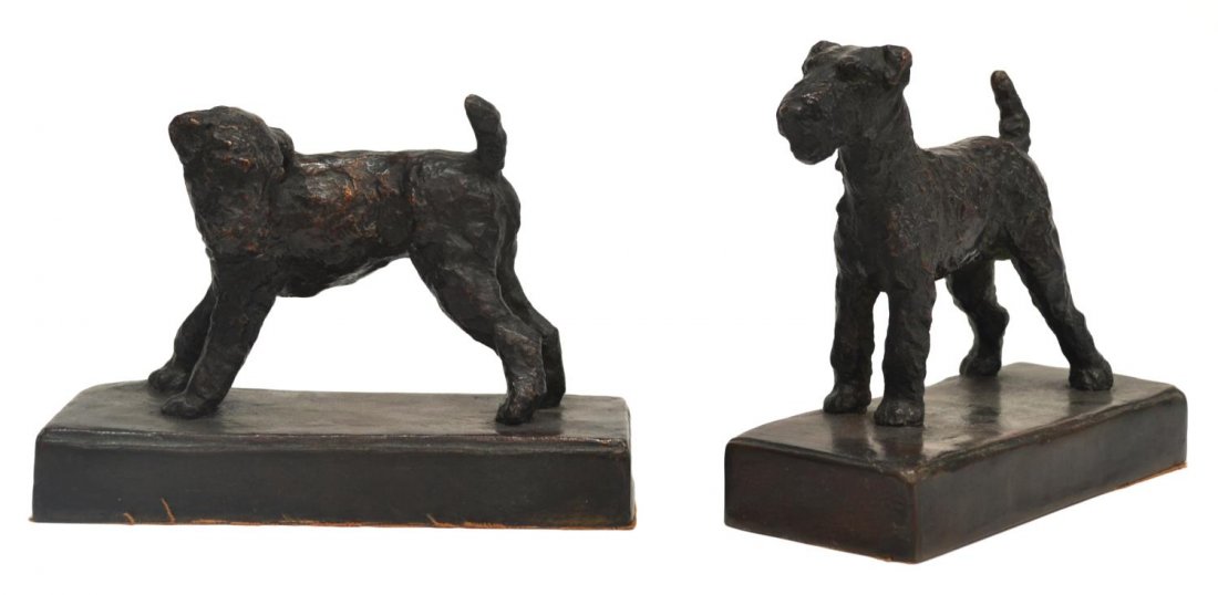 (PAIR) PATINATED BRONZES OF TERRIERS, E.B. PARSONS: (pair) Patinated bronze terriers, signed E.B. Parsons (Edith Barretto Stevens Parsons, American, 1878-1956), copyright insignia, Gorham Co. OGSH foundry mark, largest: 5.75"h, 2.75"w, 6.75"d, 8.5lbs *