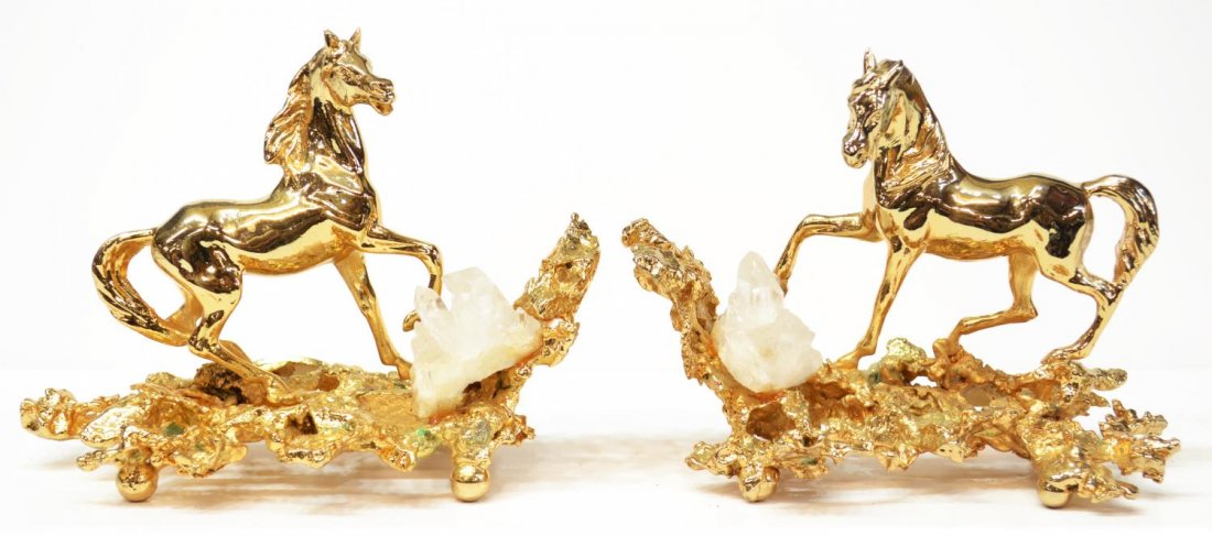 (2) PARIS GILT BRONZE HORSES, CLAUDE VICTOR BOELTZ: (pair) French gilded bronze horse sculptures, by Claude Victor Boeltz (France, b. 1937), each standing upon a rocky openwork ground, issuing a quartz crystal formation, raised on four ball feet, signe