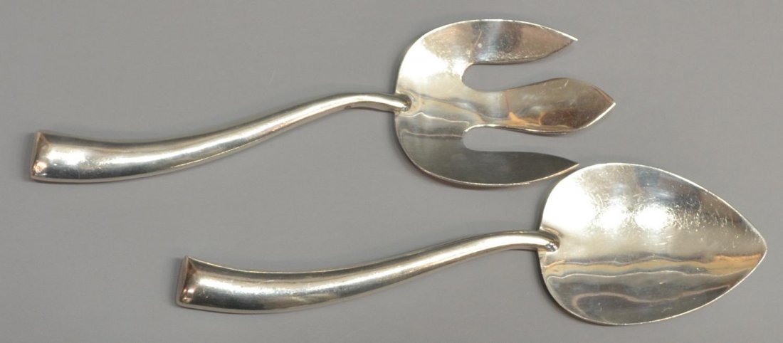 VINTAGE SANBORNS MEXICO STERLING SILVER SALAD SET: (lot of 2) Vintage sterling silver salad set, Sanborns, Mexico, comprising (1) fork and (1) spoon, stylized design, 9"l, 7.36ozt *Provenance: The estate of Douglas B. Marshall (1917-2007) and his wife