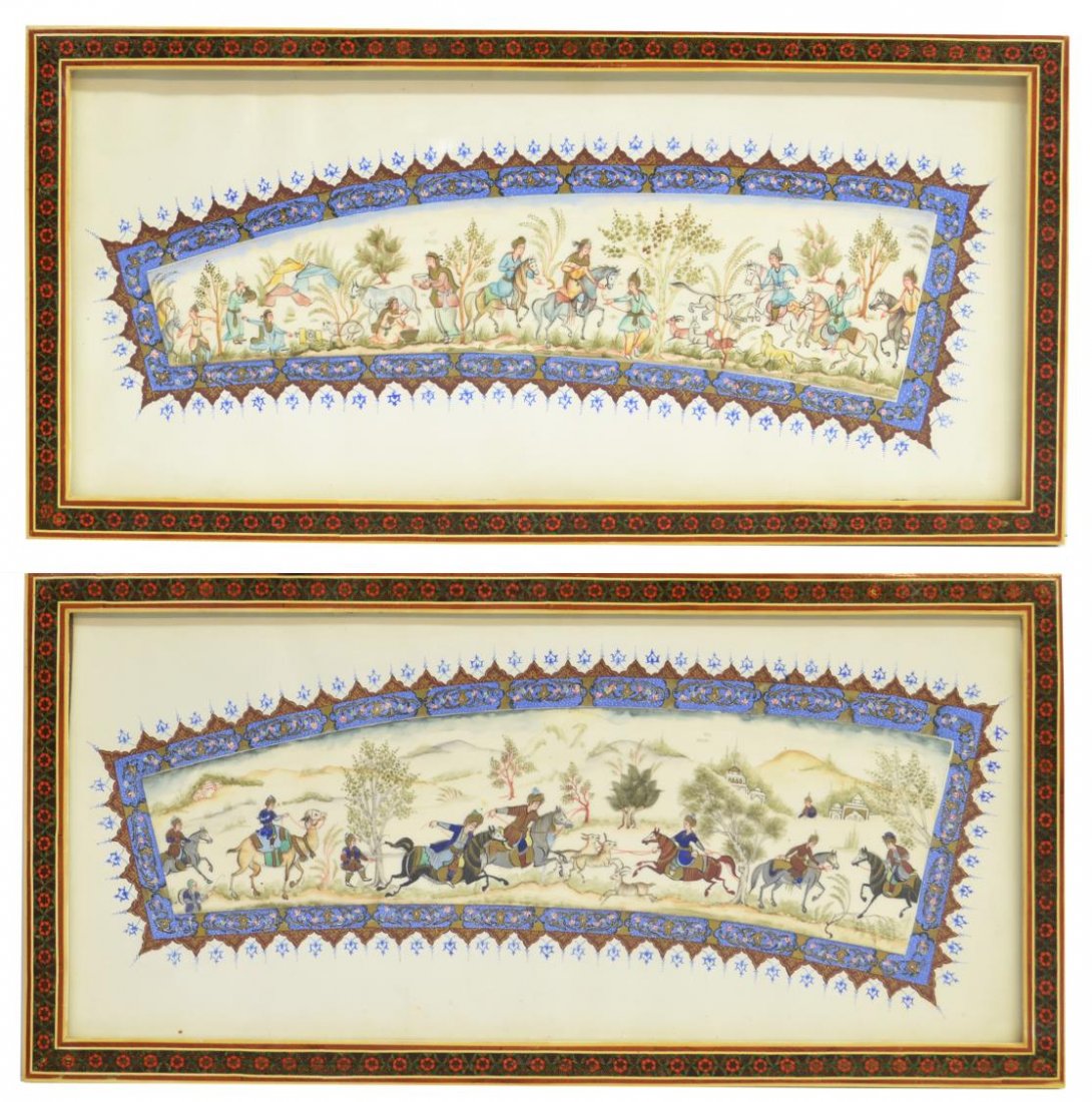 (2) PERISAN IVORY TUSK PAINTINGS, ARABESQUE FRAMES: *This lot will not be shipped Internationally*(lot of 2) Framed Persian ivory tusk plaques, each painted with figural scenes including horseman in a battle and men and women hunting and gathering, eac