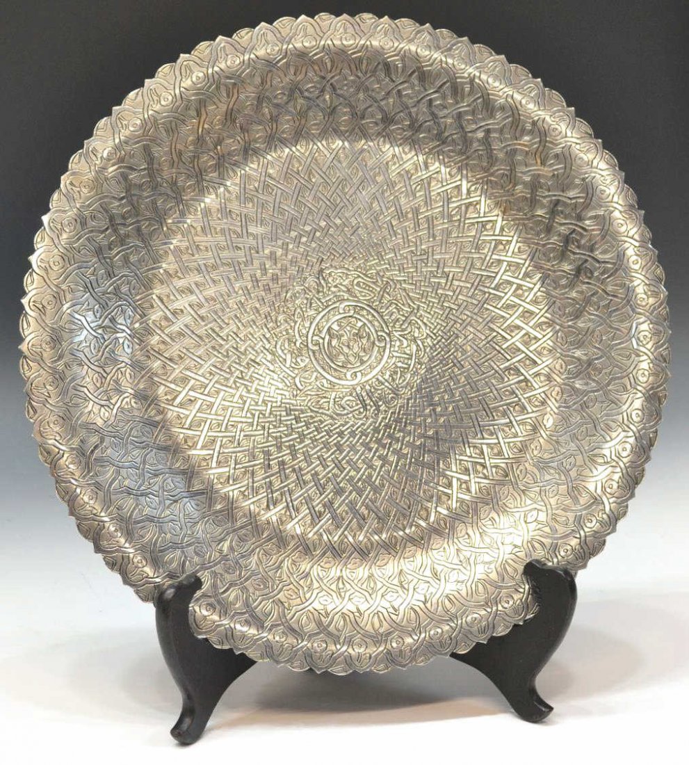 VINTAGE EGYPTIAN 900 SILVER ARABESQUE WALL CHARGER: Vintage Egyptian 900 silver wall charger, c. 1960's/70's, engraved completely in an arabesque motif, hallmarks as pictured, 13.5"diam, 23.88ozt *Provenance: The estate of Douglas B. Marshall (1917-200