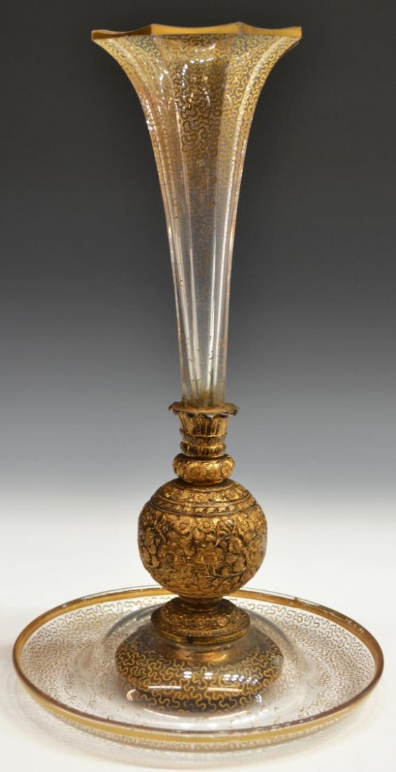 CONTINENTAL ART GLASS & BRASS TRUMPET EPERGNE: Continental art glass epergne of trumpet form, gilded scrollwork on a colorless ground, large orb form standard of gilt brass with floral decor in relief, conforming base, chip to rim, minor wear to g