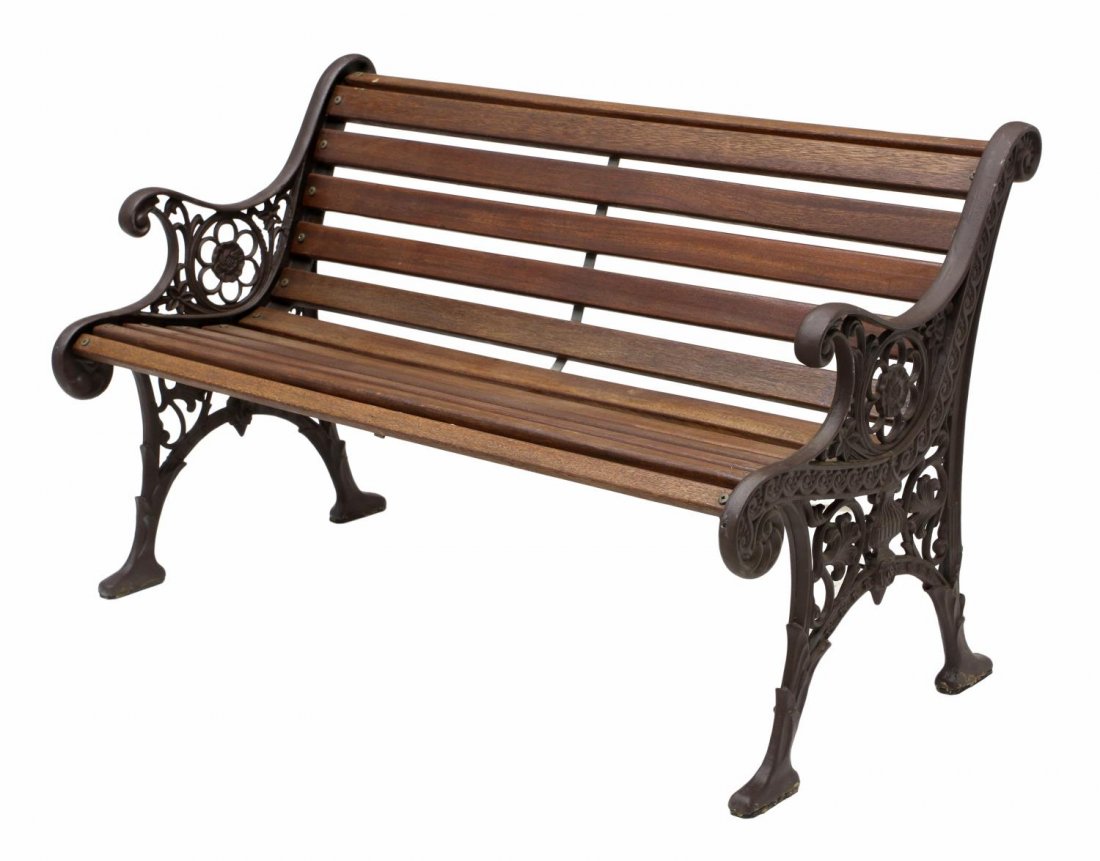 VINTAGE CAST IRON & WOOD GARDEN BENCH: Garden bench, the foliate pierced cast iron ends joined by hardwood slats, 31"h, 50"w,, 27"d *Provenance: The estate of Douglas B. Marshall (1917-2007) and his wife, Margaret Cullen Marshall. Las Palm