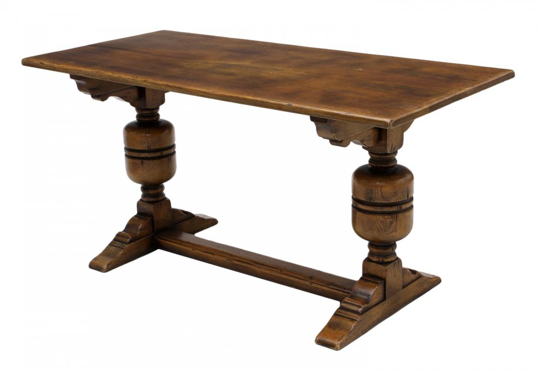 ENGLISH STYLE OAK TRESTLE BASE TABLE: English oak table, trestle base table having bulbous legs, on shoe feet, 29.75"h, 60"w, 28"d *Provenance: The estate of Douglas B. Marshall (1917-2007) and his wife, Margaret Cullen Marshall. Las Palm