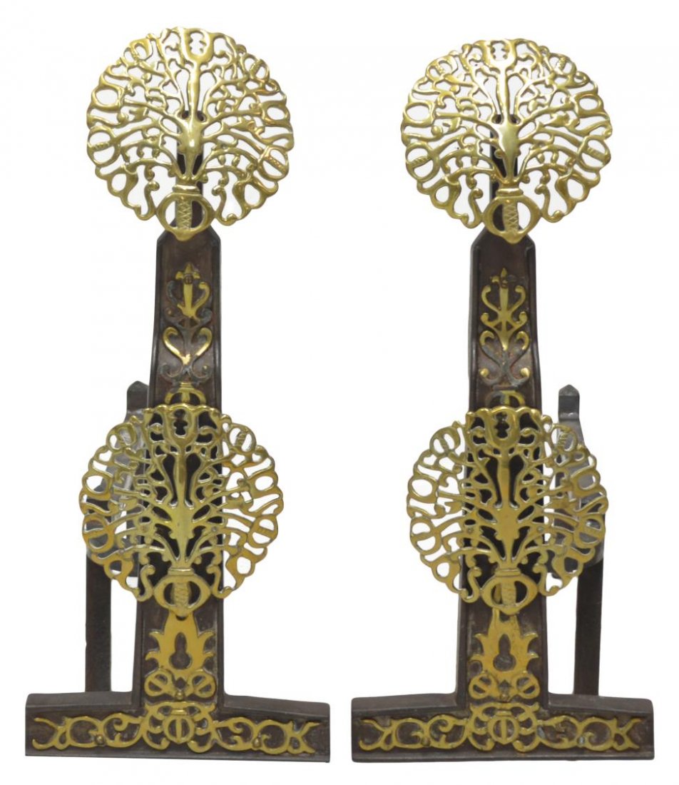 (PAIR) HORSE BRASS & IRON FIREPLACE ANDIRONS: (pair) Substantial fireplace andirons, iron uprights mounted with pierced brass medallions, each approx: 28"h, 11"w, 29.5"d, 77lbs total *Provenance: The estate of Douglas B. Marshall (1917-2007) and