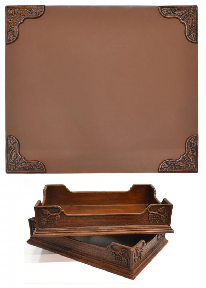(3) ROMWEBER OAK DESK MAT & DOCUMENT TRAY: (lot of 3) Vintage desk accessories, Romweber, Batesville, Indiana, unmarked, (2) oak document trays, stamped 5 526 at base, (1) desk mat, all carved with vines and grapes, tray: 3.5"h, 16.25"l, 11"w,