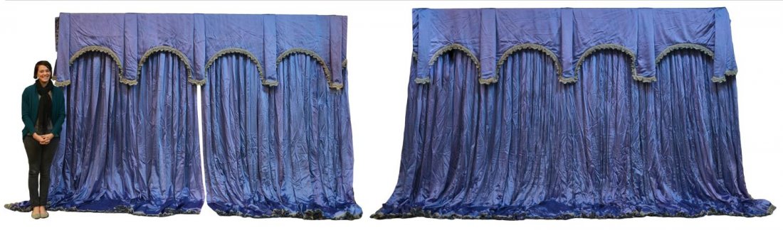 (5) VINTAGE CUSTOM DESIGN CURTAINS & VALENCES: (lot of 5) Custom design curtains, violet purple with grey tassel fringe, comprising: (pair) curtains, dark spotting to bottom, approx 9'7.25"h, 15'6.5"w; (1) large curtain, dark spotting and tears to