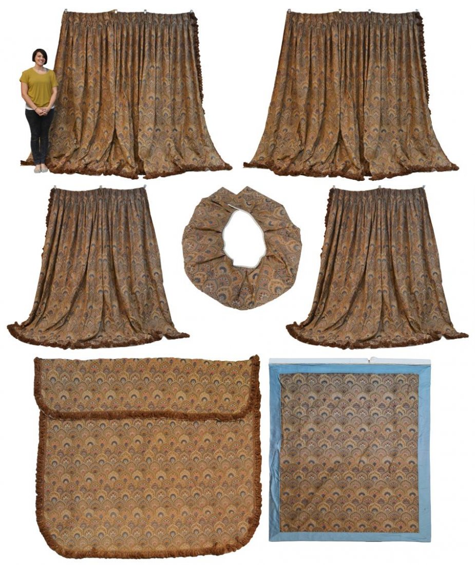 (7) CUSTOM ARABESQUE PATTERN TEXTILE BED SUITE: (lot of 7) Custom design bedroom suite, arabesque patterns in brown, rose, tan, gilt and blue tones, brown tassel fringe, comprising: (2 pair) curtains, smallest: approx 8'11"h, 12'7"w, largest: appro