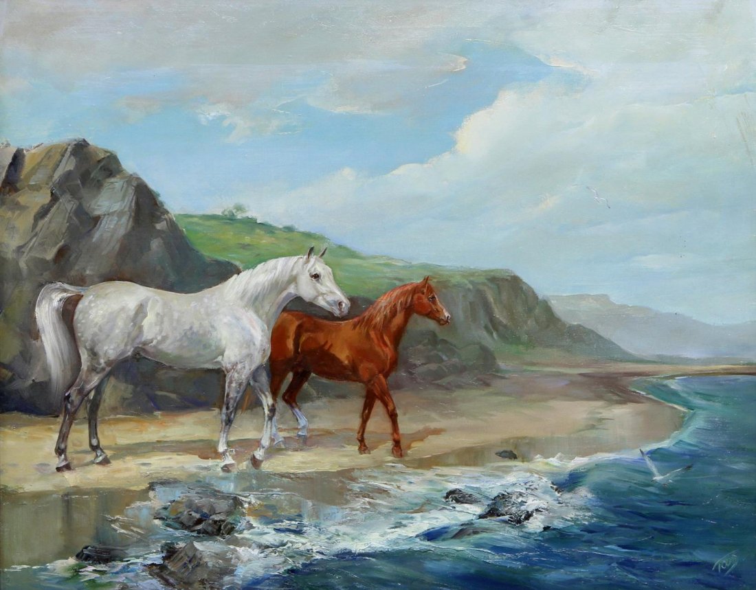 PAINTING, HORSES BY THE SEA, SIGNED TODD: Framed painting on canvas, Horses by the Sea, signed lower right Todd, sight: 23.25"h, 29.25"w, overall: 31.5"h, 37.5"w, 11lbs *Provenance: The estate of Douglas B. Marshall (1917-2007) and his wife, 