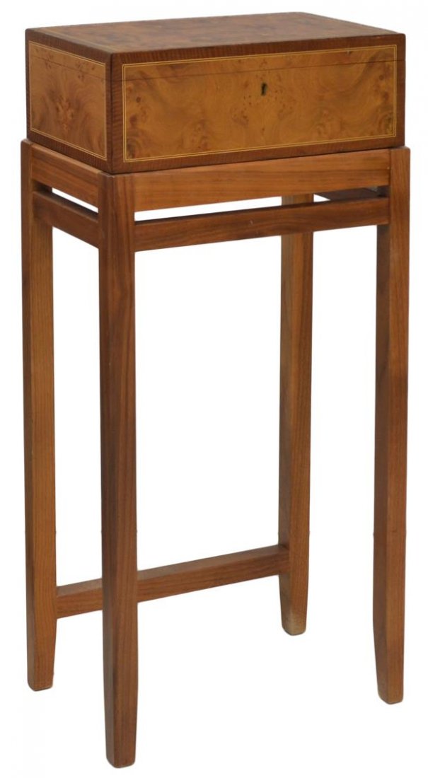 (2) INLAID BURLWOOD HUMIDOR BOX ON STAND: (lot of 2) Burlwood humidor on stand, the whole with contrasting string inlay, hinged lid revealing an open cedar lined interior with removable slatted tray, a Credo Rondo humidifier and a Credo analo
