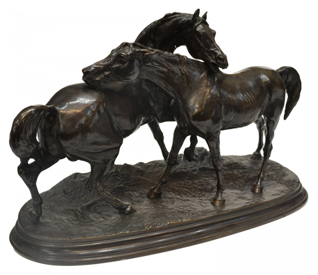 BRONZE SCULPTURE, L' ACCOLADE', AFTER PJ MENE: Patinated bronze figural group, ' L'Accolade', after Pierre Jules Mène (French, 1810-1879), unsigned, 13"h, 19.75"w, 8"d, 40.25lbs *Provenance: The estate of Douglas B. Marshall (1917-2007) and his w