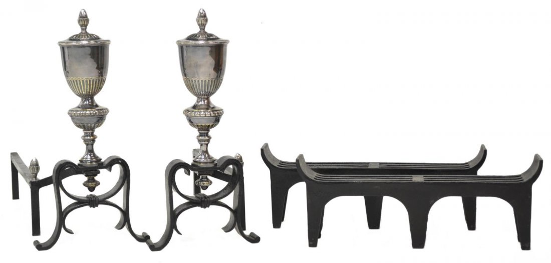 (4) LARGE TROPHY-FORM SILVERPLATE ANDIRON SET: (lot of 4) Fireplace andirons and log holders: (pair) large silver plate and iron vasiform andirons, gilt trim, acorn-form finial, each: 21"h, 10.25"w, 28.75"d; (pair) iron fire log holders, of rectan