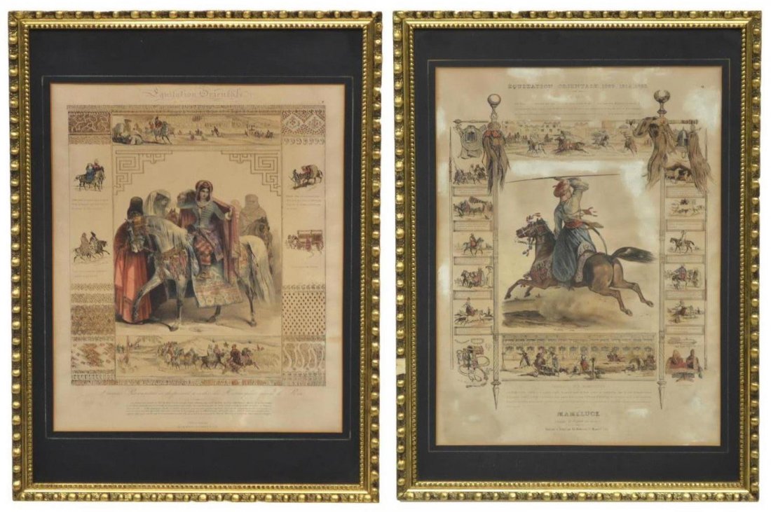 (2) ORIENTALIST LITHOGRAPHS, AFTER CHARLES AUBRY: (lot of 2) Framed Orientalist lithograph plates, c. 1834, each possibly from the book "Histoire Pittoresque de l’Equitation Ancienne et Moderne" by Charles Aubry (French, 1803–1883), comprising: (