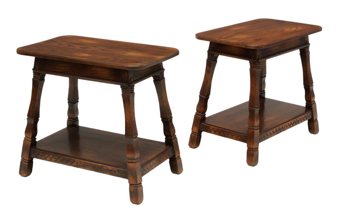 (PAIR) VINTAGE CARVED OAK END TABLES: (pair) Vintage carved oak side tables having rectangular tops on angled square supports joined by a lower tier, block feet, 24"h, 26"w, 16.5"d *Provenance: The estate of Douglas B. Marshall (1917-2007