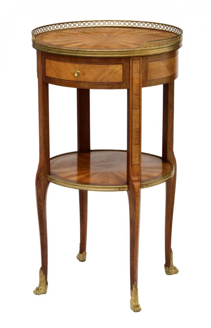 FRENCH PARQUETRY SIDE TABLE, GILT METAL MOUNTINGS: French parquetry side table with gilt metal mountings, the pierced partial gallery encircling the top inlaid in a radiant pattern, a single drawer above conforming shelf, joined to four legs terminati