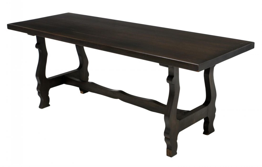 LARGE TRESTLE TABLE ON STRETCHER BASE: Long trestle table in a dark finish, the rectangular top on ox yolk supports, joined by a stretcher, loss to feet, approx 27h, 72"l, 25.75"w *Provenance: The estate of Douglas B. Marshall (1917-2007) 