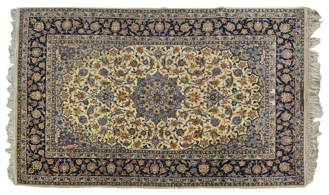 PERSIAN ISFAHAN RUG, 9'6" x 5'11": Persian Isfahan rug, wear to fringe, 9'6.5"l, 5'11.5"w (inclusive of fringe) *Provenance: The estate of Douglas B. Marshall (1917-2007) and his wife, Margaret Cullen Marshall. Las Palmas / Gleannloch 