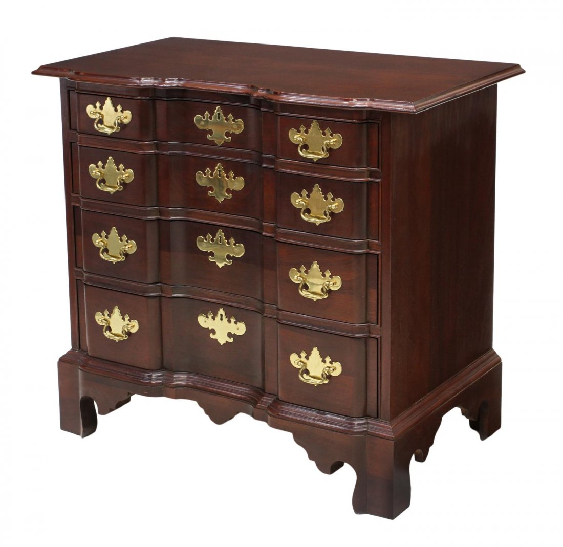 COUNCIL CRAFTSMAN CHIPPENDALE STYLE CHEST: Councill Craftsman Chippendale style block front chest of four drawers, gilt brass hardware, raised on bracket supports, 32"h, 35"w, 19"d *Provenance: The estate of Douglas B. Marshall (1917-2007) and