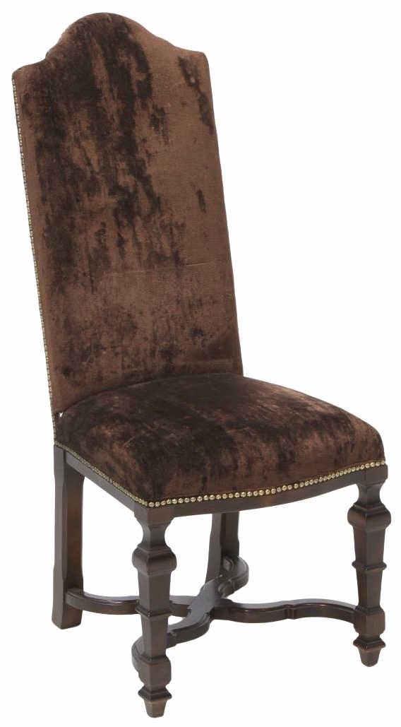 CENTURY CHAIR COMPANY UPHOLSTERED SIDE CHAIR: American upholstered side chair, Century Chair Company, Hickory, NC, each having brown upholstery accented with brass tacks, four wood legs joined by curved stretchers, approx 45.25"h, 19.75"w, 18"d *