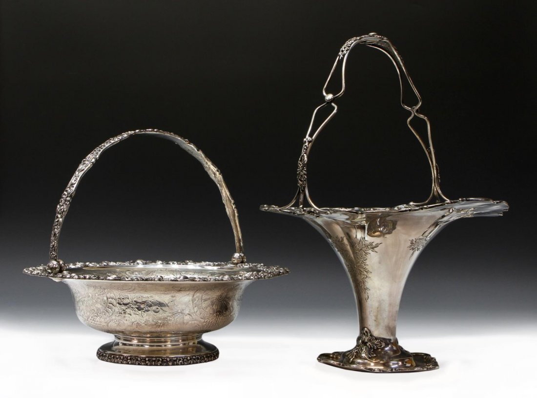 (2) VERY FINE SILVERPLATE CENTERPIECE BASKETS: (lot of 2) Ornate silver plate baskets: (1) American handled flower basket, Derby Silver Plate Company, of reticulated flared form with engraved and raised floral design, approx 15"h, 11.75"w, 10"d; (