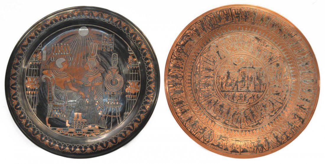 (2) VINTAGE EGYPTIAN COPPER & SILVER WALL CHARGERS: (lot of 2) Vintage Egyptian copper and silver wall chargers, varied patinas, each having ancient figural motifs, 16"diam, 8.5lbs *Provenance: The estate of Douglas B. Marshall (1917-2007) and his wife