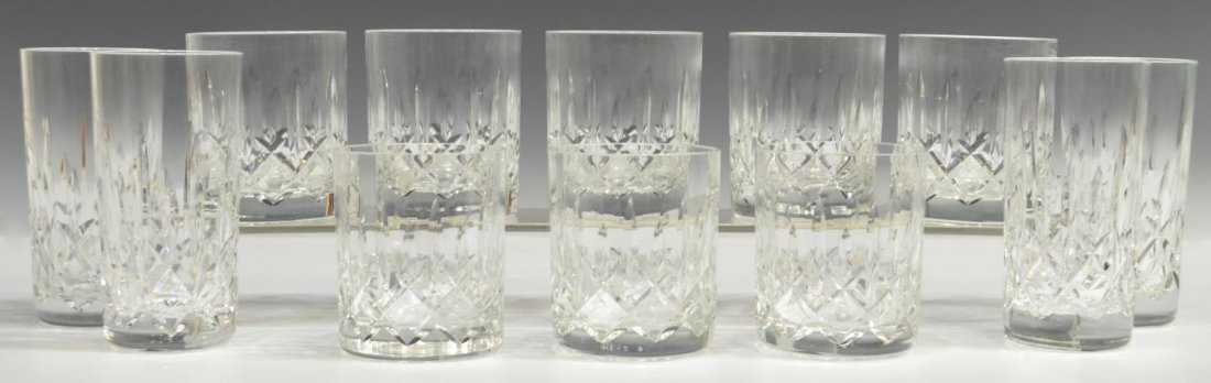 (12) WATERFORD CRYSTAL TALL GLASSES & TUMBLERS: (lot of 12) Waterford cut crystal barware, having cross hatch and diamond motif, comprising: (8) double old fashioned, 4"h; (4) straight highball/tall beverage glasses, 5.75"h; 14.25lbs total *Provena
