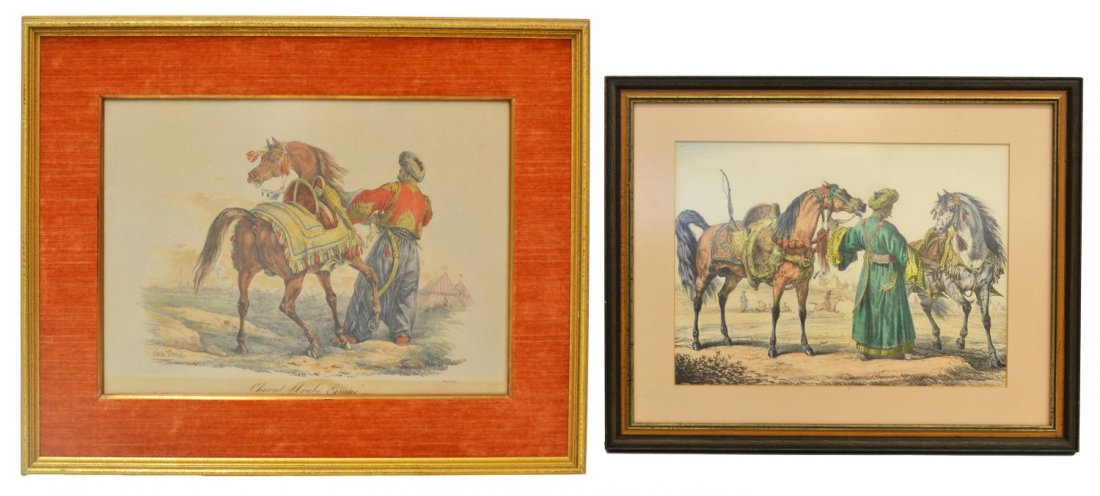(2) ORIENTALIST COLORED LITHOGRAPH & A PRINT: (lot of 2) Orientalist art, comprising: (1) colored lithograph, "Cheval Arabe Equipe”, after Carle Vernet (Antoine Charles Horace Vernet, French, 1758-1835), published by Turgis, Paris, stains, sigh
