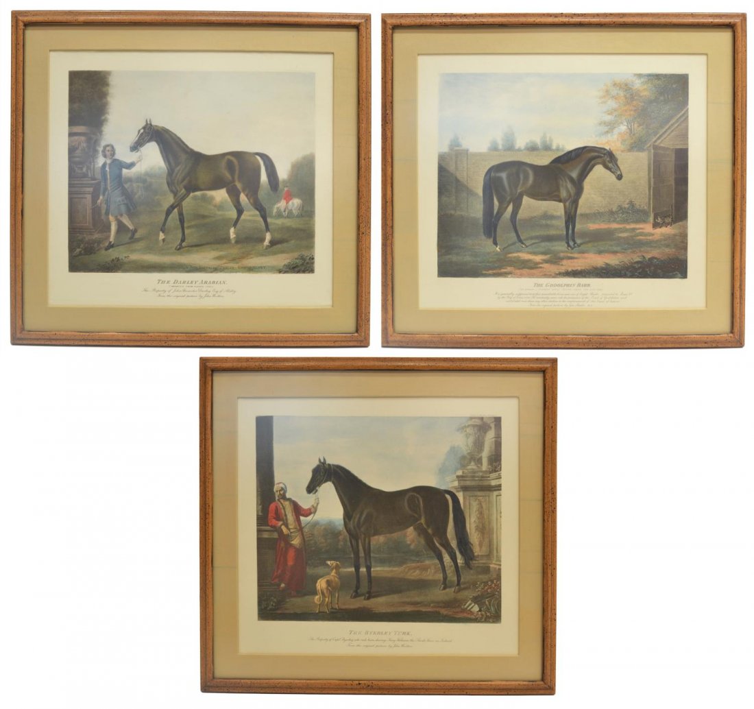 (3) COLLECTION OF FIGURAL EQUESTRIAN PRINTS: (lot of 3) Group of equestrian colored prints, each published by Messrs. Fores, London, comprising: (1) ”The Darley Arabian”, an Arabian horse belonging to John Brewster Darley, Esquire of Aldby, 