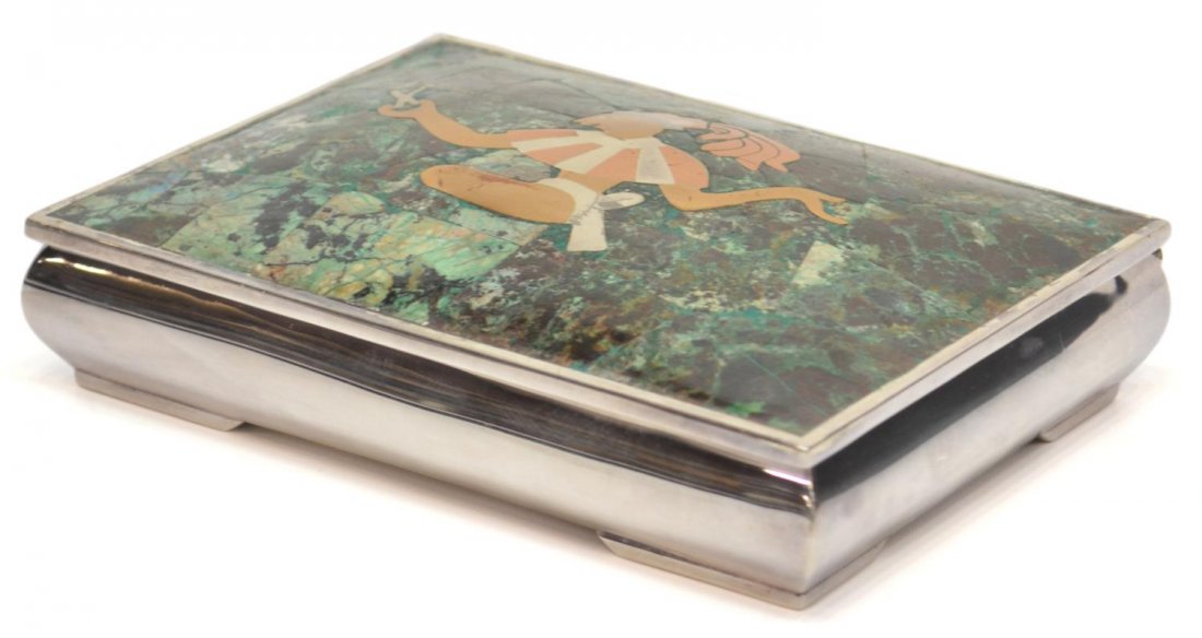 LOS CASTILLO TAXCO SILVERPLATE INLAID STONE BOX: Mid-century inlaid silver plate table box, Los Castillo, Taxco, Mexico, the mosaic stone ground centering a figure of copper and silver, rosewood lined interior, makers mark, Plateado, as pictured, 1.
