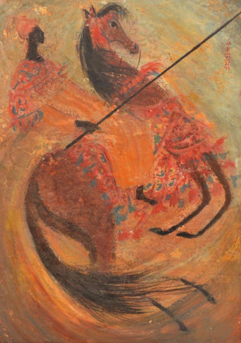 ASIAN PAINTING, ORIENTALIST FIGURE ON HORSEBACK: Framed painting on board, Orientalist Figure Holding a Spear on Horseback, characters as pictured, sight: 26.5"h, 18.75"w, overall: 30.5"h, 23"w, 6.5lbs *Provenance: The estate of Douglas B. Marshall 