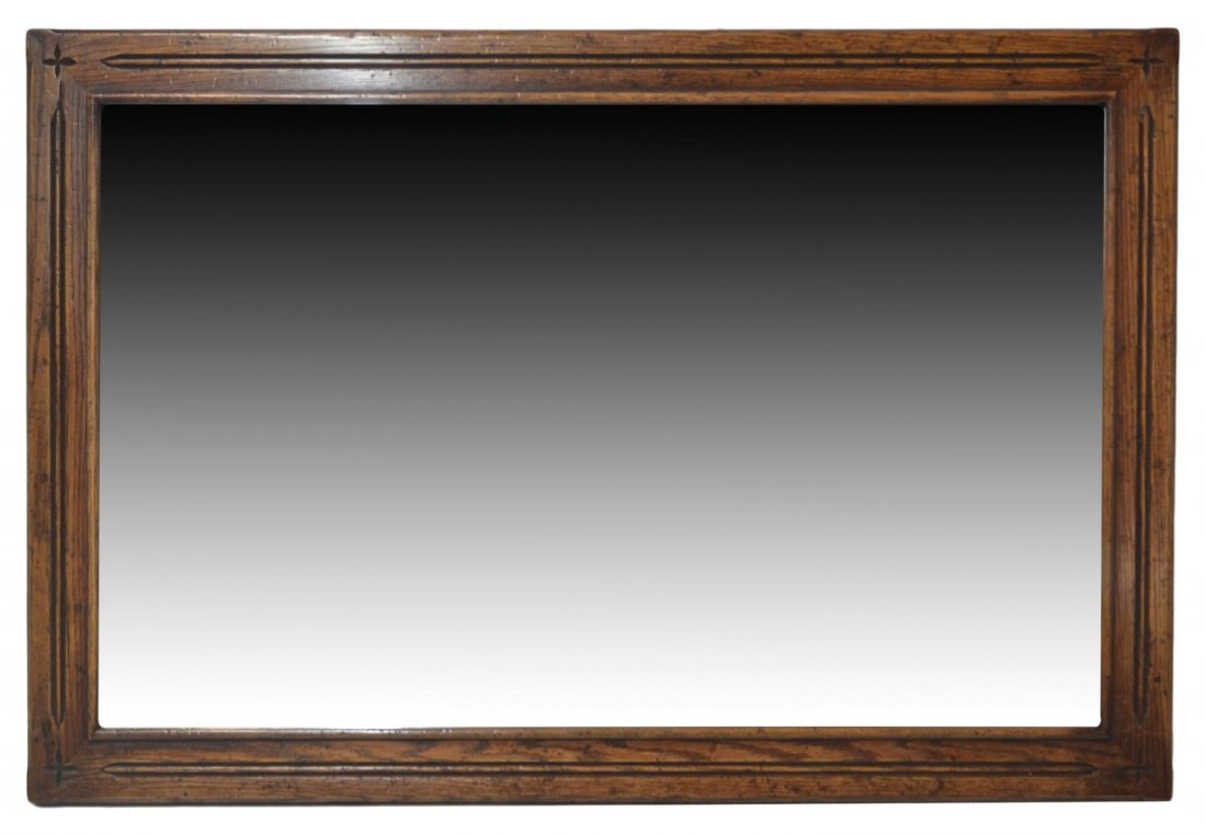 CARVED OAK WALL MIRROR: Wall mirror, the rectangular flat plate enclosed by an oak frame, star form accents at corners, 36"h, 24"w, 19.5lbs *Provenance: The estate of Douglas B. Marshall (1917-2007) and his wife, Margaret Cu