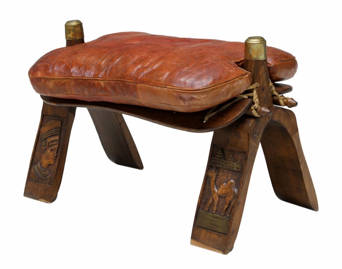 VINTAGE EGYPTIAN LEATHER & WOOD CAMEL SADDLE STOOL