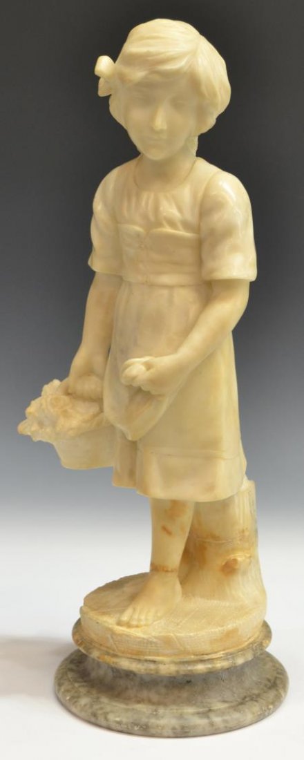 CONTINENTAL ALABSTER FIGURE, CHILD WITH FLOWERS: Continental alabaster figural carving, young girl with floral basket, signed illegibly, standing on a mottled marble socle, restoration to the whole lower leg area, 17.25"h, 12lbs *Provenance: The est