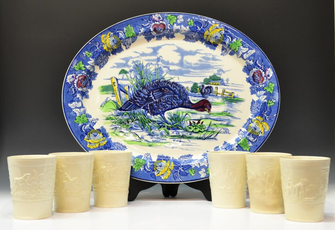 (7) LARGE ENGLISH PLATTER & WEDGWOOD CREAM WARE: (lot of 7) English ceramic serviceware, comprising: (1) substantial Woods Burslem blue and white transferware platter with colored accents, turkey feeding in field with floral surround border, 17.25"h