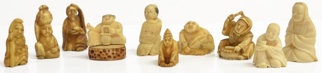 (10) ASIAN CARVED IVORY, BONE, COMPOSITION NETSUKE: *This lot will not be shipped Internationally* (lot of 10) Collection of Asian figural carvings and netsuke, (2) ivory carved figures, the others of bone and/or composition, some stamped Japan, other 