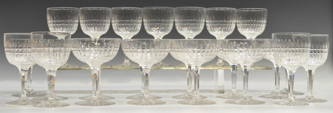 (24) VINTAGE CUT GLASS WINE & CHAMPAGNE STEMWARE: (lot of 24) Vintage cut glass stemware, an assortment of wine and champagne stems, comprising: (12) wine glasses, 4.75"h; (12) champagne glasses, 4.75"h; 5lbs total *Provenance: The estate of Douglas 