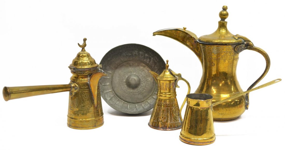 (5) ANTIQUE / VINTAGE METALWARE GROUP, LARGE EWER: (lot of 5) Collection of antique to vintage brass and metal table items, mostly Middle Eastern, examples include a large brass ewer pitcher and a small briki coffee pot, briki with small dents, etc. l
