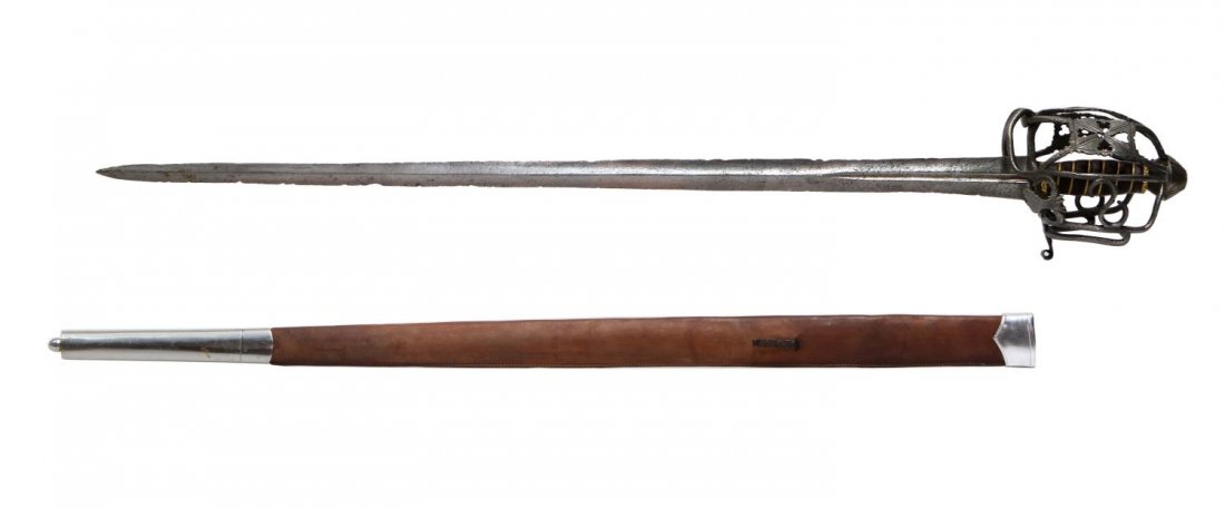 BASKET HILT SWORD & SCABBARD: Basket hilt sword, the double edge blade and basket appearing as worn and old, the handle later wrapped in leather, later scabbard, no markings, blade: 32.25"l, overall sword: 38.75"l, with scabbard: 