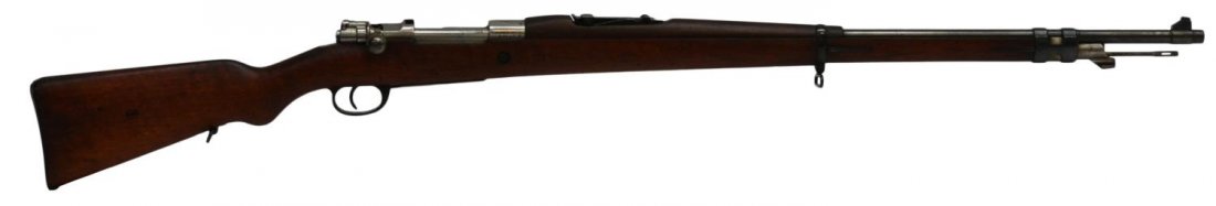 ARGENTINE MAUSER MODEL 1909 RIFLE: Argentine Mauser rifle, Model 1909, marked at left receiver "Deutsche Waffen-Und, Munitionsfabriken Berlin" and "Mauser Modelo Argentino 1909", Argentine crest at receiver ring, straight handle bold a