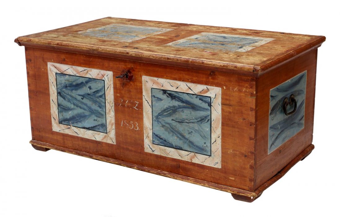 ANTIQUE SCANDINAVIAN FLAT TOP TRUNK: Large Scandinavian flat top trunk, mid 19th c., worn paint remnants including polychrome squares, the original key and lock opens to the interior, strap hinges, dove tail corners, iron carry handles, 